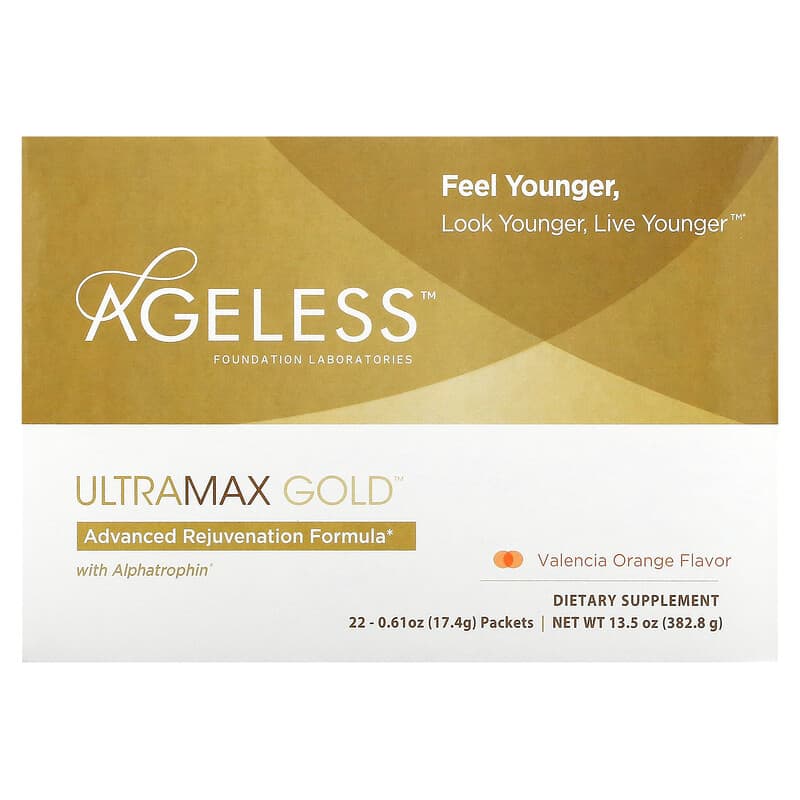Ageless Foundation Laboratories UltraMax Gold Advanced Rejuvenation Formula with Alphatrophin Valencia Orange 22 Packets 0.61 oz (17.4 g) Each 3 Ageless Foundation Laboratories UltraMax Gold Advanced Rejuvenation Formula with Alphatrophin Valencia Orange 22 Packets 0.61 oz (17.4 g) Each 691546001103