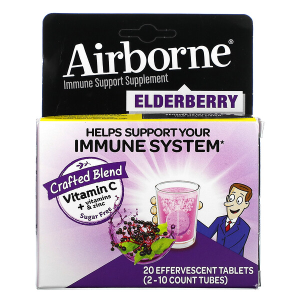 AirBorne Immune Support Supplement Elderberry 2 Tubes 10 Effervescent viên 6 airborne immune support supplement elderberry 2 tubes 10 effervescent tablets each 106121