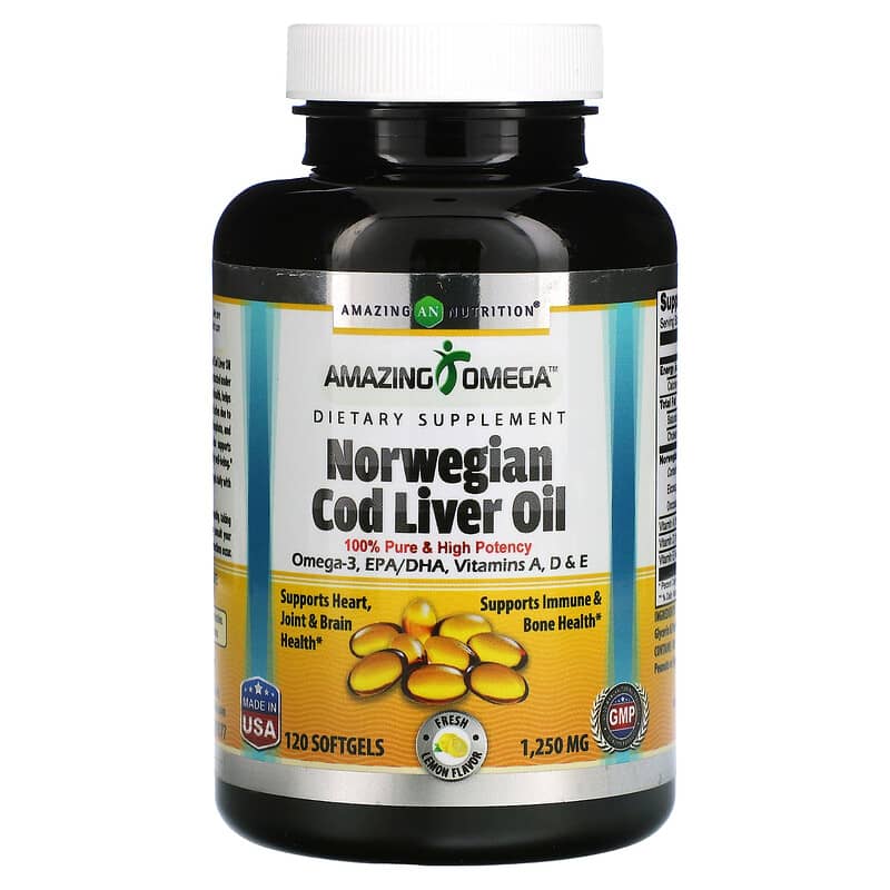 Amazing Nutrition Norwegian Cod Liver Oil Lemon 1.250 mg 120 Softgels 3 Amazing Nutrition Norwegian Cod Liver Oil Lemon 1.250 mg 120 Softgels 810180029377