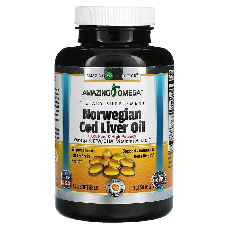 Amazing Nutrition Norwegian Cod Liver Oil Orange 1.250 mg 120 Softgels 3 Amazing Nutrition Norwegian Cod Liver Oil Orange 1.250 mg 120 Softgels 810180029384