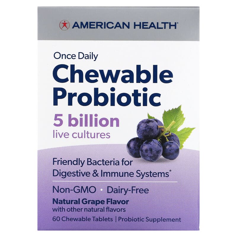 American Health Once Daily Chewable Probiotic Natural Grape 5 Billion CFU 60 Chewable Tablets 3 American Health Once Daily Chewable Probiotic Natural Grape 5 Billion CFU 60 Chewable Tablets 076630300780