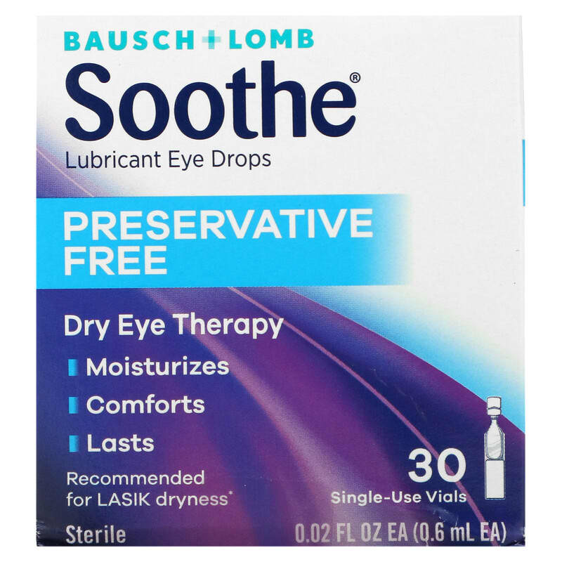 Bausch + Lomb Soothe Lubricant Eye Drops Preservative Free 30 Single-Use Vials 0.02 fl oz (0.6 ml) Each 3 Bausch + Lomb Soothe Lubricant Eye Drops Preservative Free 30 Single-Use Vials 0.02 fl oz (0.6 ml) Each 310119022191