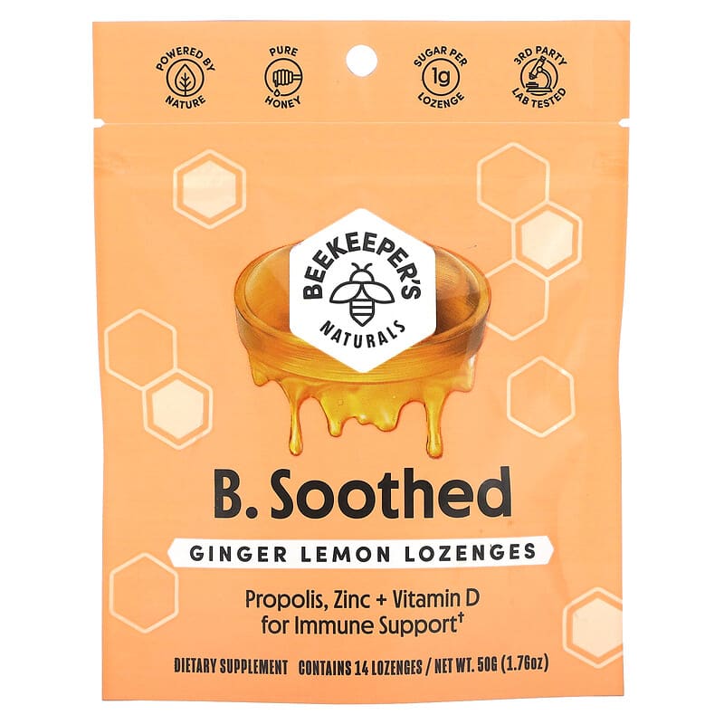 Beekeeper's Naturals B.Soothed Ginger Lemon Lozenges 14 Lozenges 3 Beekeeper's Naturals B.Soothed Ginger Lemon Lozenges 14 Lozenges 834706000138