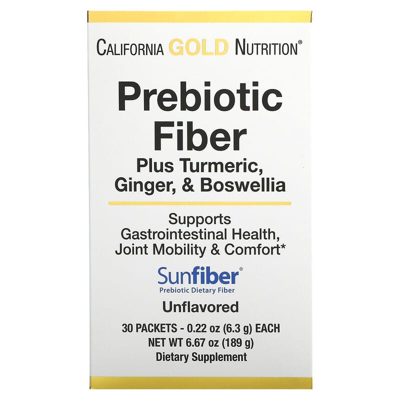 California Gold Nutrition Prebiotic Fiber Plus Turmeric Ginger & Boswellia 30 Packets 0.22 oz (6.3 g) Each 3 California Gold Nutrition Prebiotic Fiber Plus Turmeric Ginger & Boswellia 30 Packets 0.22 oz (6.3 g) Each 898220020133