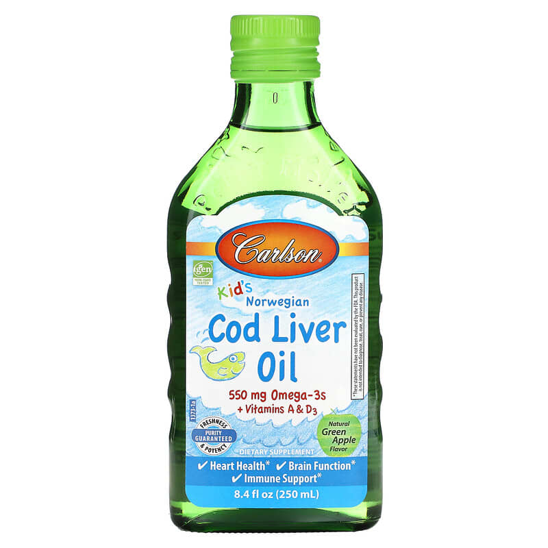 Carlson Kids Cod Liver Oil Natural Green Apple 550 mg 8.4 fl oz (250 ml) 3 Carlson Kids Cod Liver Oil Natural Green Apple 550 mg 8.4 fl oz (250 ml) 088395137303