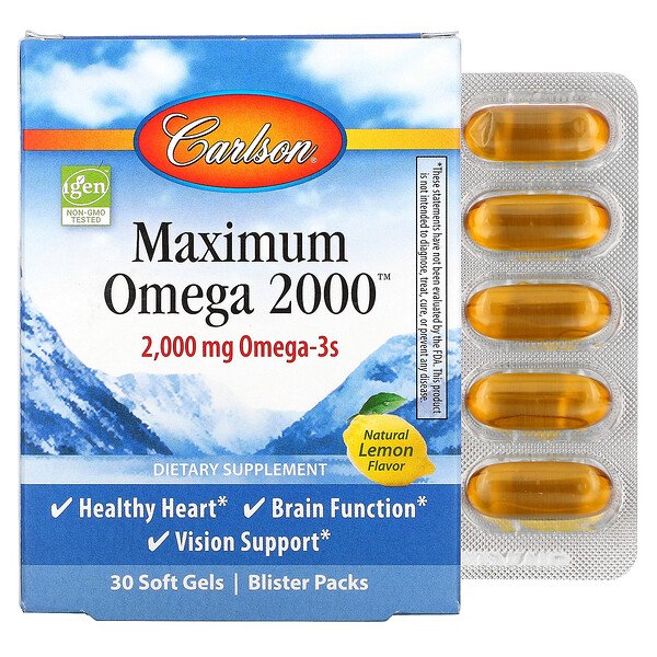 Carlson Labs Maximum Omega 2000 Natural Lemon Flavor 1,000 mg 30 Softgels 3 carlson labs maximum omega 2000 natural lemon flavor 1 000 mg 30 softgels 90183