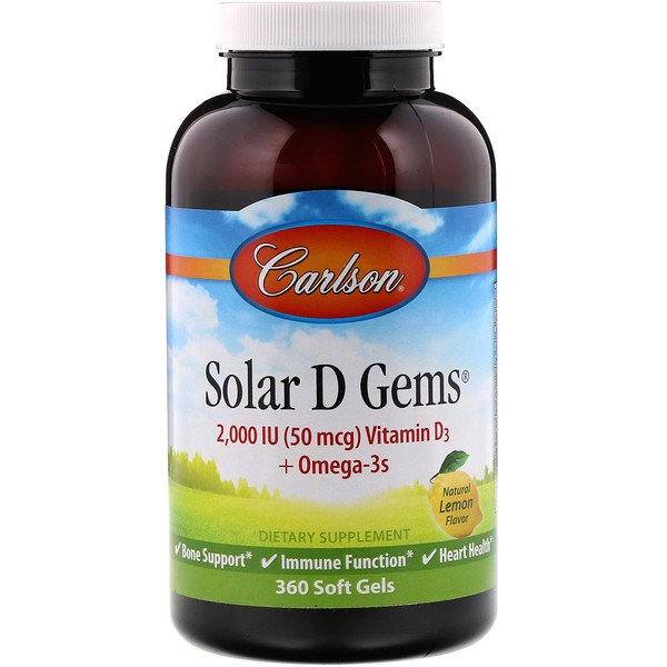 Carlson Solar D Gems Vitamin D3 + Omega-3s Natural Lemon 360 Soft Gels 3 Mua Carlson Labs Solar D Gems Vitamin D3 + Omega-3s Natural Lemon Flavor 50 mcg 2