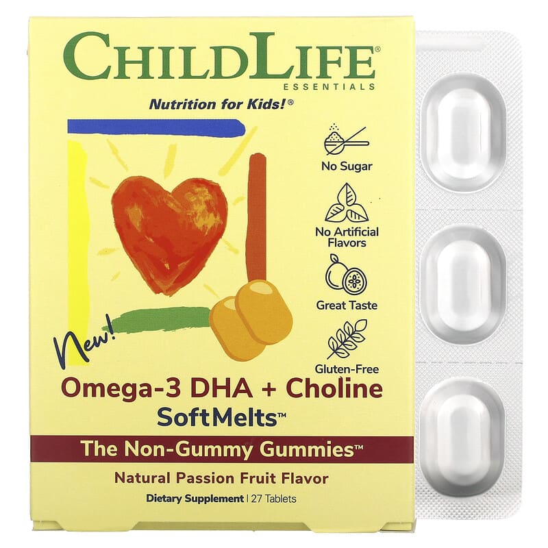 ChildLife Essentials Omega-3 DHA + Choline SoftMelts Natural Passion Fruit 27 Tablets 3 ChildLife Essentials Omega-3 DHA + Choline SoftMelts Natural Passion Fruit 27 Tablets 608274110502