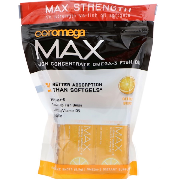 Coromega Max High Concentrate Omega-3 Fish Oil Citrus Burst 60 Squeeze Shots (2.5 g) Each 3 coromega max high concentrate omega 3 fish oil citrus burst 60 squeeze shots 2 5 g each 71543