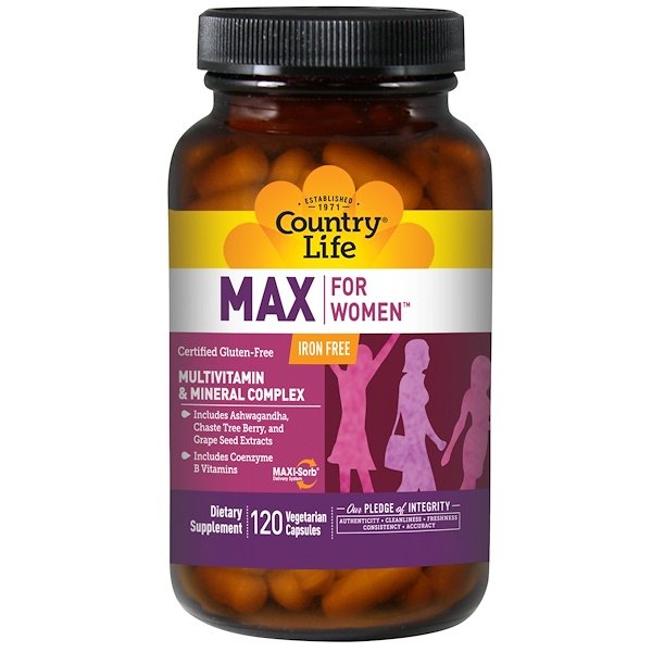 Country Life Max for Women Multivitamin & Mineral Complex Iron Free 120 viên 3 country life max for women multivitamin mineral complex iron free 120 vegetarian capsules 1723