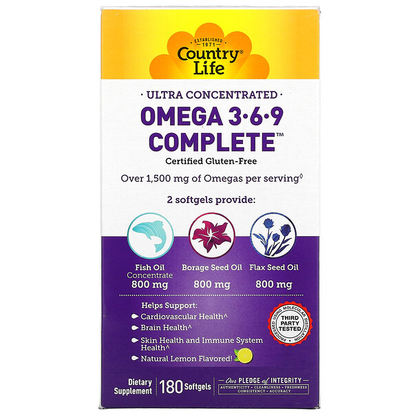 Country Life Omega 3-6-9 Complete Ultra Concentrated Natural Lemon 180 Softgels 3 country life omega 3 6 9 complete ultra concentrated natural lemon 180 softgels 13708