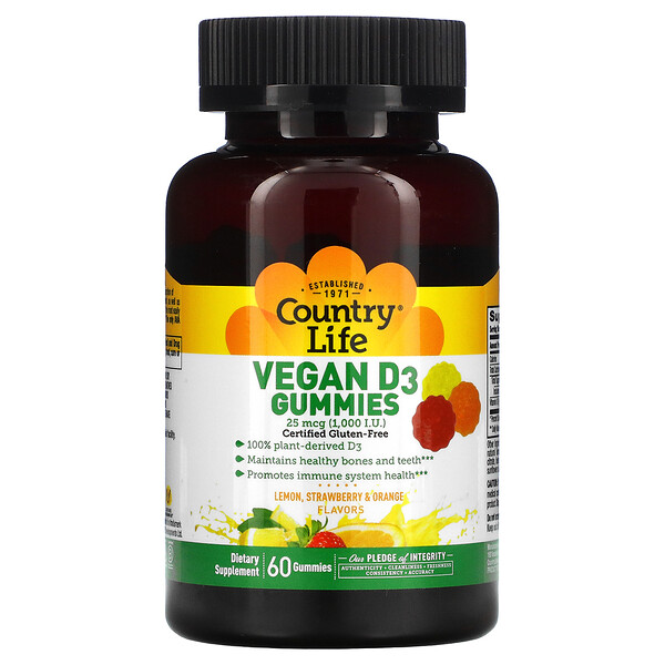 Country Life Vegan D3 Gummies Lemon Strawberry & Orange Flavors 25 mcg (1,000 IU) 60 Gummies 3 country life vegan d3 gummies lemon strawberry orange flavors 25 mcg 1 000 iu 60 gummies 70545