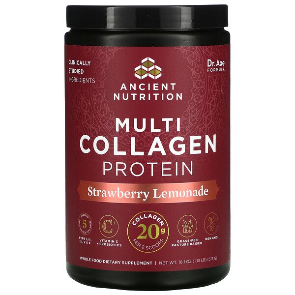 Dr. Axe / Ancient Nutrition Multi Collagen Protein Strawberry Lemonade 1.13 lbs (513 g) 3 dr axe ancient nutrition multi collagen protein strawberry lemonade 1 13 lbs 513 g 86277
