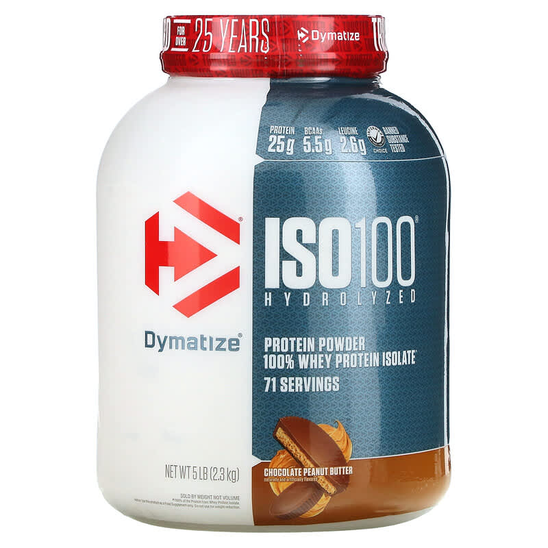 Dymatize ISO100 Hydrolyzed 100% Whey Protein Isolate Chocolate Peanut Butter 5 lb (2.3 kg) 3 Dymatize ISO100 Hydrolyzed 100% Whey Protein Isolate Chocolate Peanut Butter 5 lb (2.3 kg) 705016353552