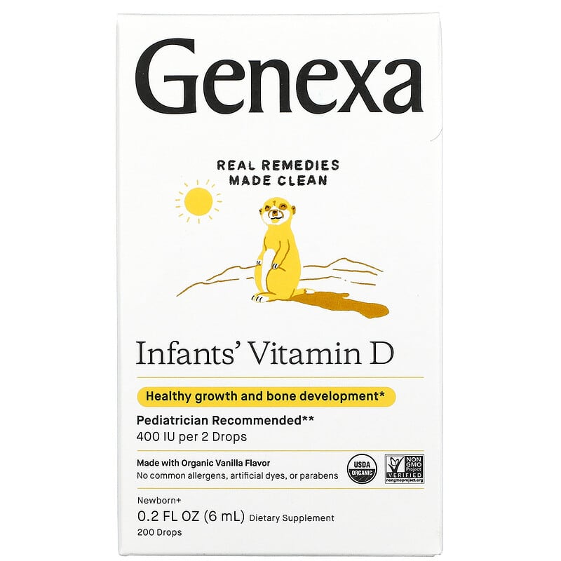 Genexa LLC Infants´ Vitamin D Newborn+ Organic Vanilla 200 IU 200 Drops 0.2 fl oz (6 ml) 3 Genexa LLC Infants´ Vitamin D Newborn+ Organic Vanilla 200 IU 200 Drops 0.2 fl oz (6 ml) 857630006601