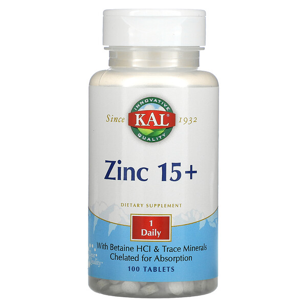 KAL Zinc 15+ with Betaine HCL & Trace Minerals 100 viên 3 kal zinc 15 with betaine hcl trace minerals 100 tablets 106640