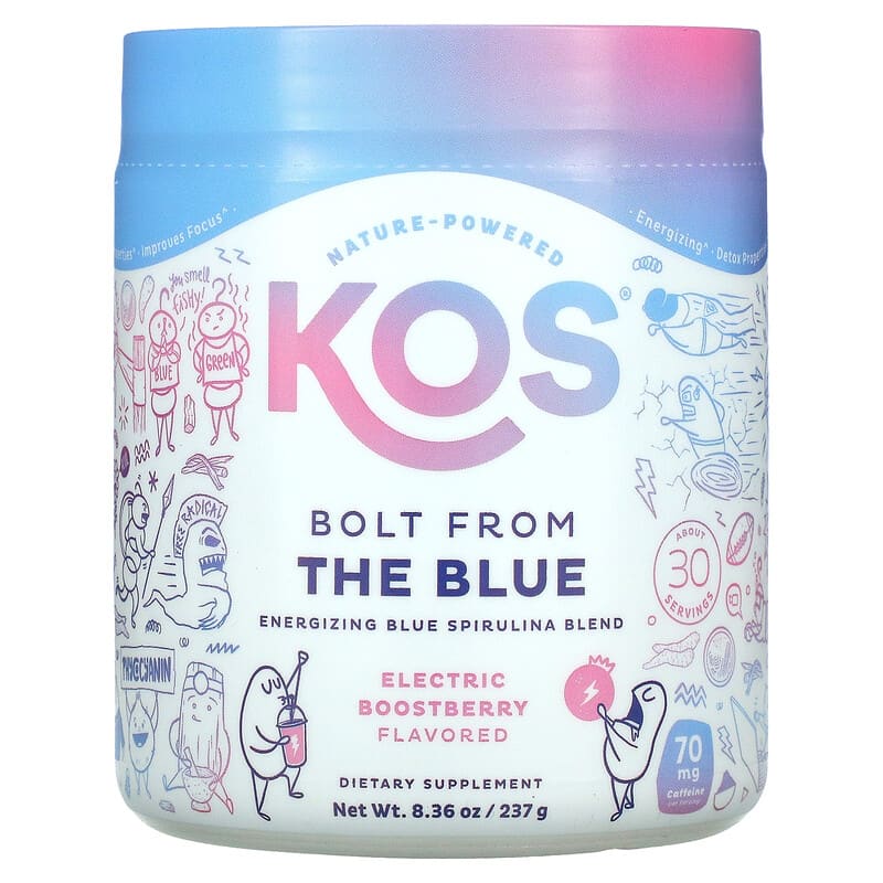KOS Bolt from the Blue Energizing Blue Spirulina Blend Electric Boostberry Flavored 8.36 oz (237g) 6 kos bolt from the blue energizing blue spirulina blend electric boostberry flavored 8 36 oz 237 g 104638