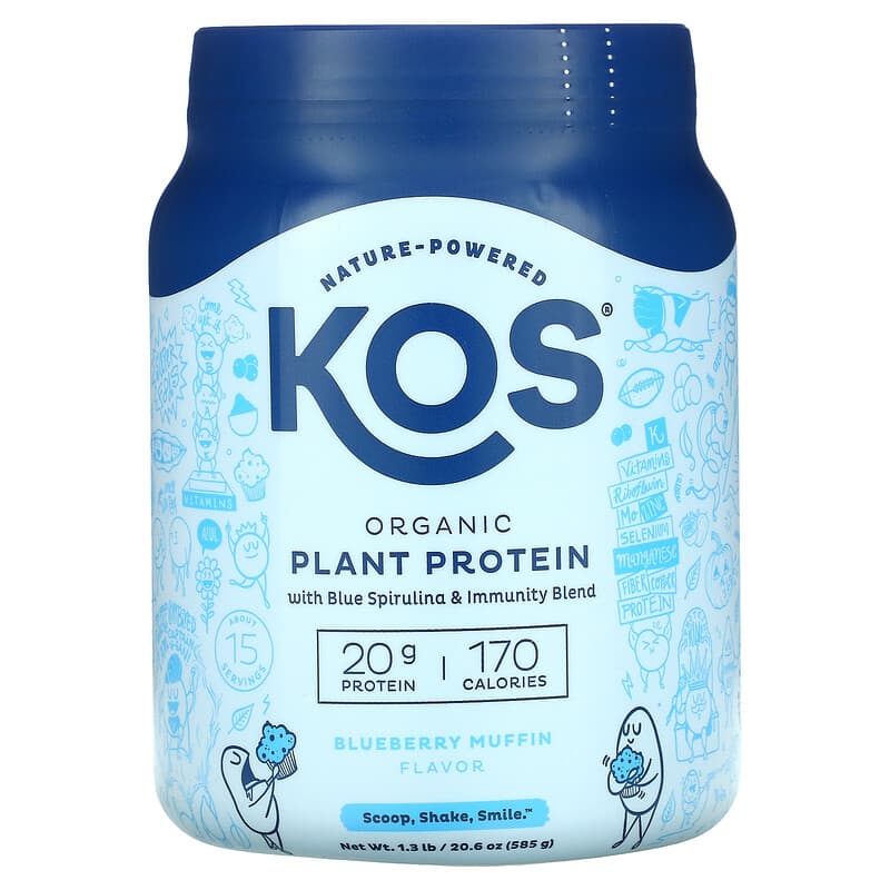 KOS Organic Plant Based Protein with Blue Spirulina + Immunity Blend Blueberry Muffin 1.3 lb (585 g) 3 KOS Organic Plant Based Protein with Blue Spirulina + Immunity Blend Blueberry Muffin 1.3 lb (585 g) 850015510649