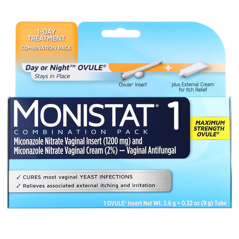 Monistat 1-Day Treatment Combination Pack Day or Night Ovule Maximum Strength 1 Ovule Insert 2.6 g + 0.32 oz (9 g) Tube 3 Monistat 1-Day Treatment Combination Pack Day or Night Ovule Maximum Strength 1 Ovule Insert 2.6 g + 0.32 oz (9 g) Tube 363736441807