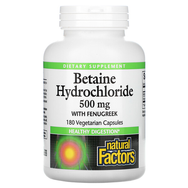 Natural Factors Betaine Hydrochloride with Fenugreek 500 mg 180 viên 3 natural factors betaine hydrochloride with fenugreek 500 mg 180 vegetarian capsules 2517
