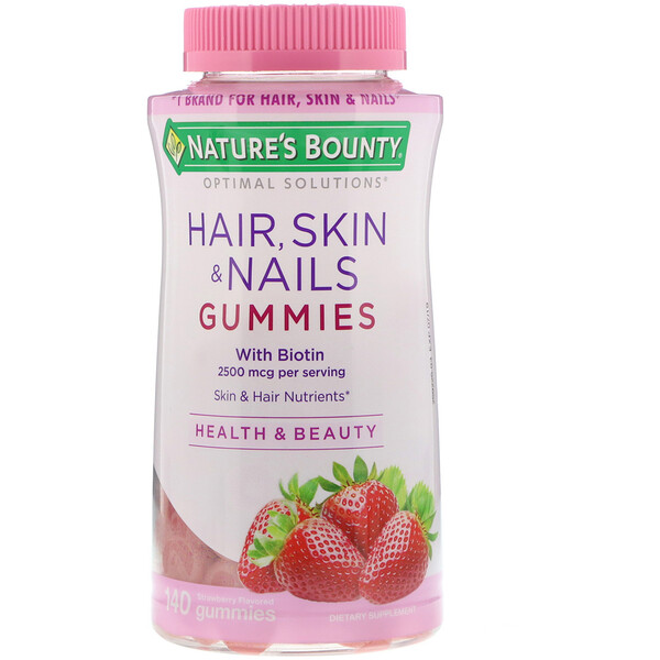 Nature's Bounty Optimal Solutions Hair Skin & Nails Strawberry Flavored 1,250 mcg 140 Gummies 3 nature s bounty optimal solutions hair skin nails strawberry flavored 1 250 mcg 140 gummies 81611