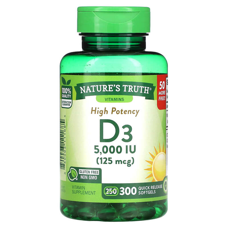 Nature's Truth High Potency Vitamin D3 125 mcg (5000 IU) 300 Quick Release Softgels 3 Nature's Truth High Potency Vitamin D3 125 mcg (5000 IU) 300 Quick Release Softgels 840093111685
