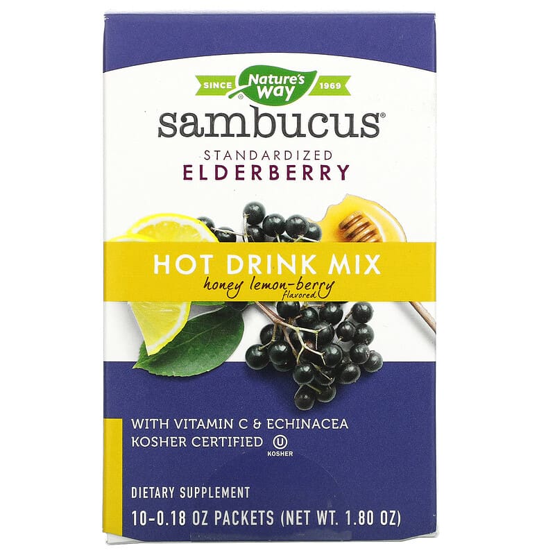 Nature's Way Sambucus Hot Drink Mix Standardized Elderberry Honey Lemon-Berry 10 Packets (0.18 oz) 6 nature s way sambucus hot drink mix standardized elderberry honey lemon berry 10 packets 0 18 oz each 81330