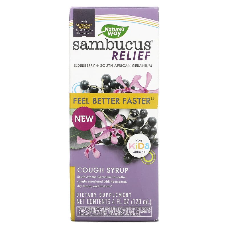 Nature's Way Sambucus Relief Cough Syrup For Kids Ages 1+ Elderberry 4 fl oz (120 ml) 3 Nature's Way Sambucus Relief Cough Syrup For Kids Ages 1+ Elderberry 4 fl oz (120 ml) 033674136713