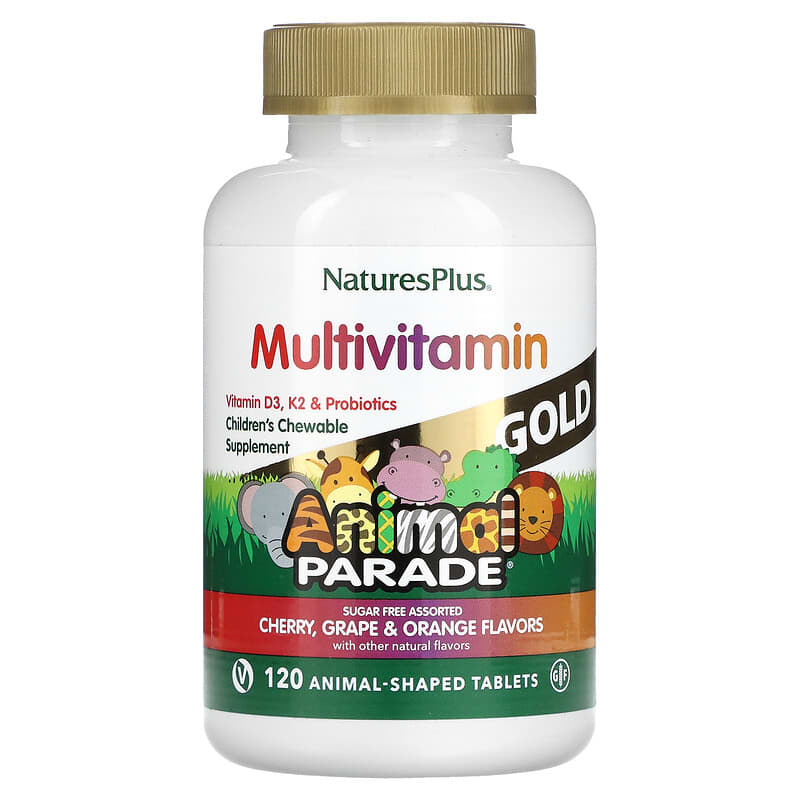 NaturesPlus Animal Parade Gold Children's Chewable Multivitamin Supplement Cherry Grape & Orange 120 Animal-Shaped Tablets 3 NaturesPlus Animal Parade Gold Children's Chewable Multivitamin Supplement Cherry Grape & Orange 120 Animal-Shaped Tablets 097467299283