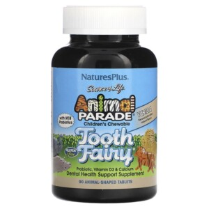 NaturesPlus Source of Life Animal Parade Children's Chewable Tooth Fairy Probiotic Vitamin D3 & Calcium Vanilla 90 Animal-Shaped Tablets 097467299481