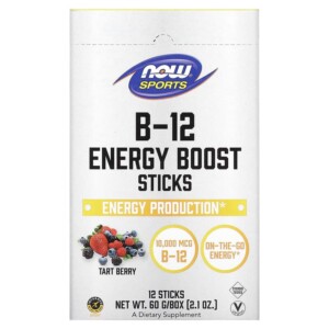 NOW Foods Sports B-12 Energy Boost Sticks Tart Berry 10.000 mcg 12 Sticks 2.1 oz (60 g) 733739005038