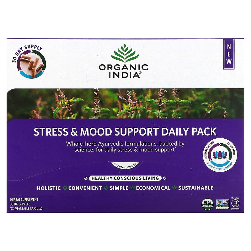 Organic India Stress & Mood Support Daily Pack 30 Daily Packs 180 Vegetable Capsules 3 Organic India Stress & Mood Support Daily Pack 30 Daily Packs 180 Vegetable Capsules 850021635183