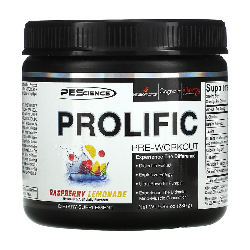 PEScience Prolific Pre-Workout Raspberry Lemonade 9.88 oz (280 g) 3 PEScience Prolific Pre-Workout Raspberry Lemonade 9.88 oz (280 g) 040232426469
