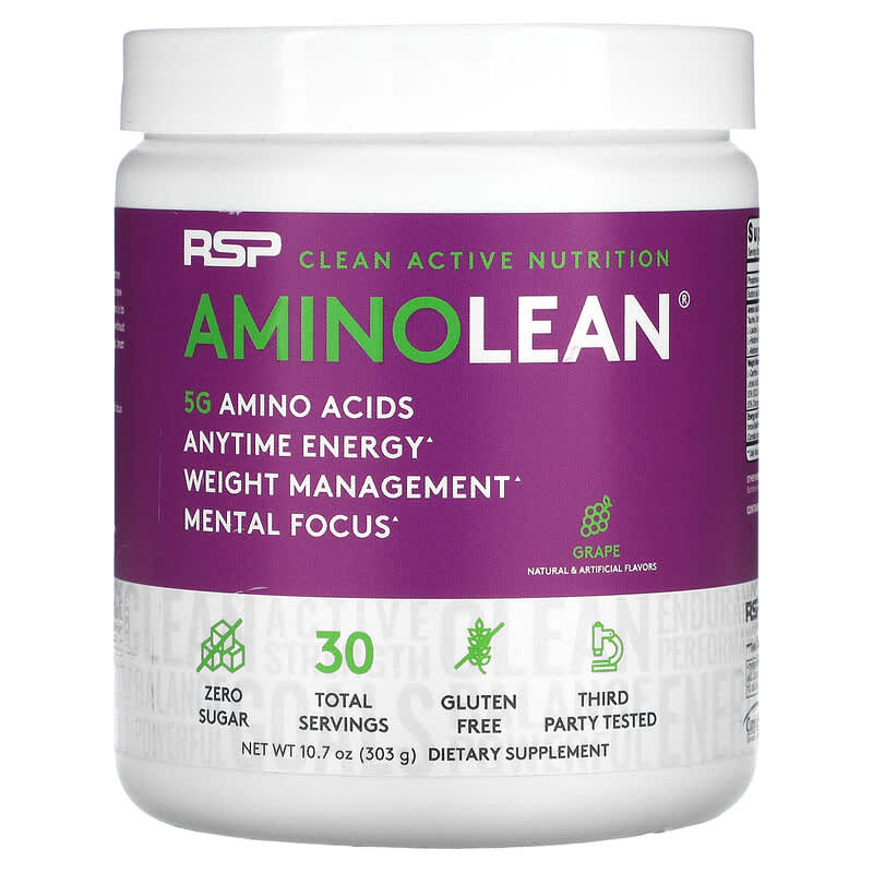 RSP Nutrition AminoLean 5 g Amino Acids + Anytime Energy Grape 10.7 oz (303 g) 3 RSP Nutrition AminoLean 5 g Amino Acids + Anytime Energy Grape 10.7 oz (303 g) 850019469233