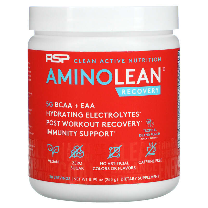 RSP Nutrition AminoLean Recovery Tropical Island Punch Caffeine Free 8.99 oz (255 g) 3 RSP Nutrition AminoLean Recovery Tropical Island Punch Caffeine Free 8.99 oz (255 g) 850019469547