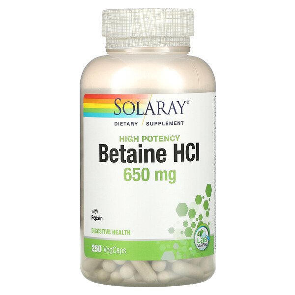 Solaray High Potency Betaine HCl with Pepsin 650 mg 250 VegCaps 3 solaray high potency betaine hcl with pepsin 650 mg 250 vegcaps 18978