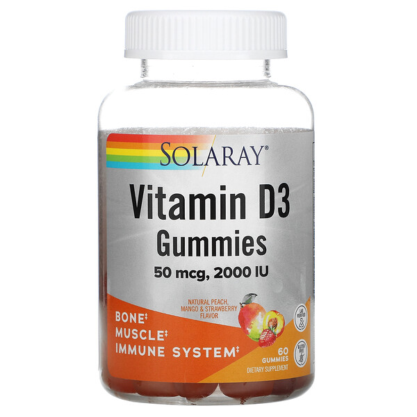 Solaray Vitamin D3 Gummies Natural Peach Mango & Strawberry 25 mcg (1,000 IU) 60 Gummies 3 solaray vitamin d3 gummies natural peach mango strawberry 25 mcg 1 000 iu 60 gummies 105793