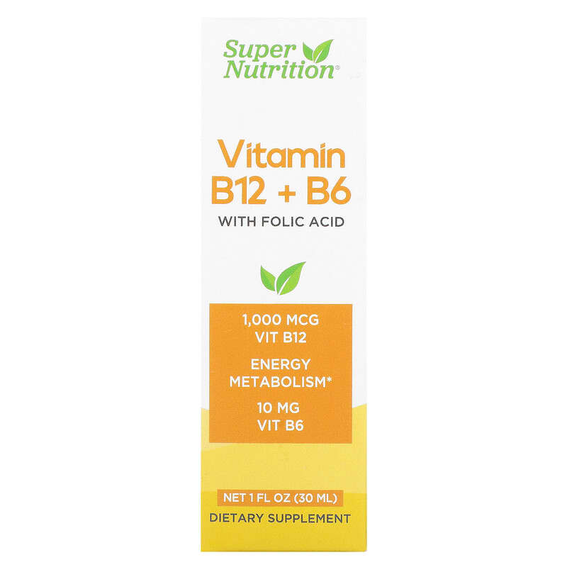 Super Nutrition Vitamin B12 + B6 with Folic Acid 1 fl oz (30 ml) 3 Super Nutrition Vitamin B12 + B6 with Folic Acid 1 fl oz (30 ml) 898220021994
