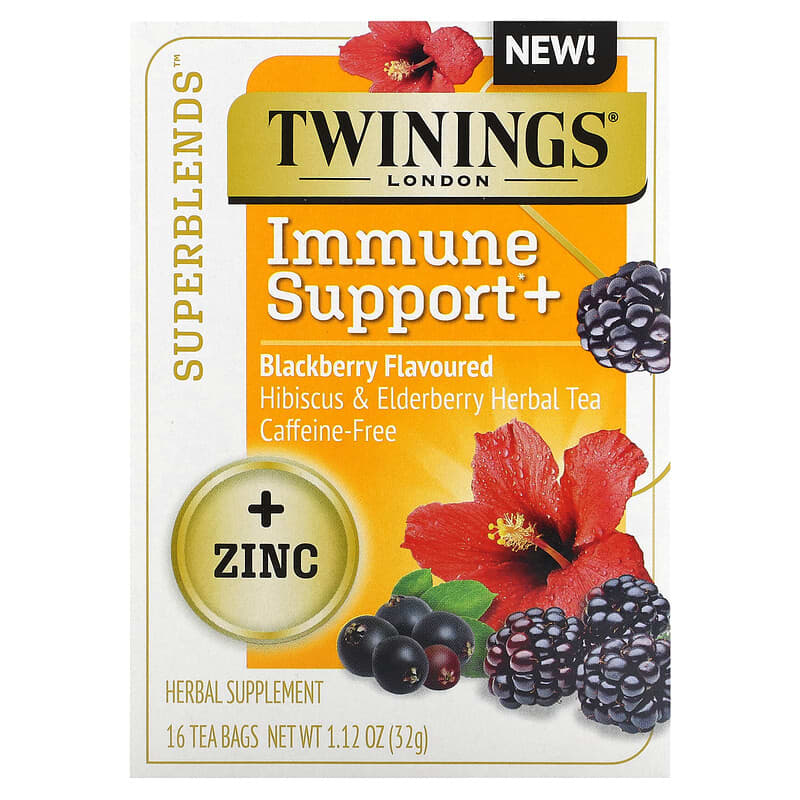 Twinings Superblends Immune Support+ Hibiscus & Elderberry Herbal Tea Blackberry Caffeine-Free 16 Tea Bags 1.12 oz (32 g) 3 Twinings Superblends Immune Support+ Hibiscus & Elderberry Herbal Tea Blackberry Caffeine-Free 16 Tea Bags 1.12 oz (32 g) 070177230173