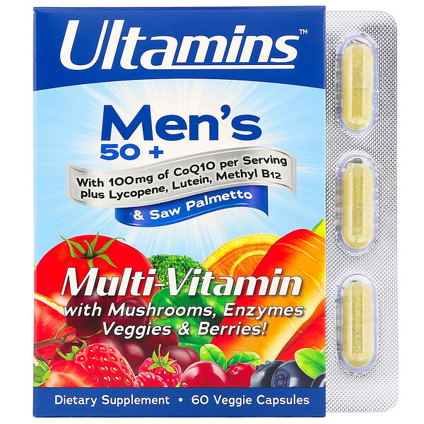 Ultamins Men's 50+ Multivitamin with CoQ10 Mushrooms Enzymes Veggies & Berries 60 viên 6 ultamins men s 50 multivitamin with coq10 mushrooms enzymes veggies berries 60 veggie capsules 96381
