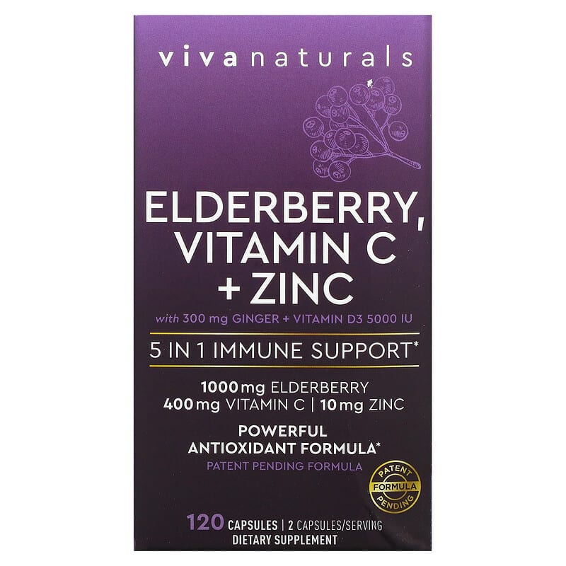 Viva Naturals Elderberry Vitamin C + Zinc 5 in 1 Immune Support 120 Capsules 3 Viva Naturals Elderberry Vitamin C + Zinc 5 in 1 Immune Support 120 Capsules 811067031780