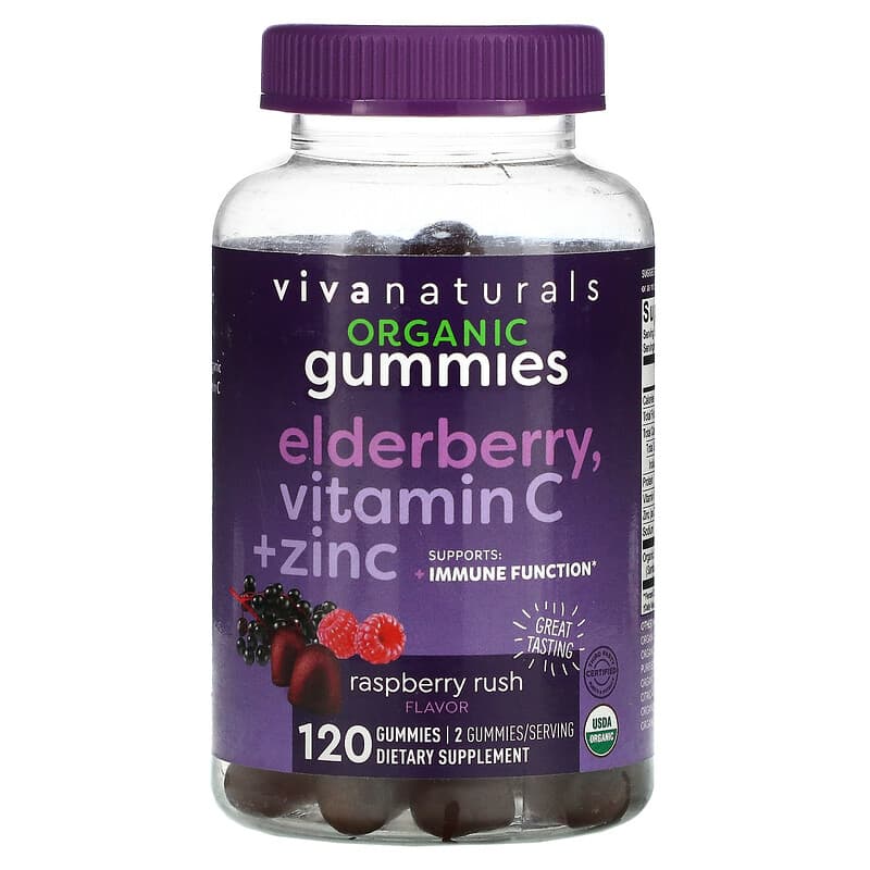Viva Naturals Organic Elderberry Vitamin C + Zinc Raspberry Rush 120 Gummies 3 Viva Naturals Organic Elderberry Vitamin C + Zinc Raspberry Rush 120 Gummies 811067032336
