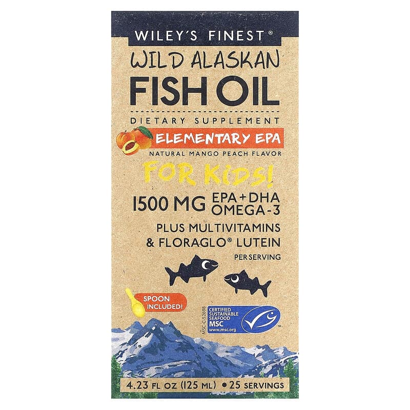 Wiley's Finest Wild Alaskan Fish Oil For Kids Elementary EPA Natural Mango Peach 1.500 mg 4.23 fl oz (125 ml) 3 Wiley's Finest Wild Alaskan Fish Oil For Kids Elementary EPA Natural Mango Peach 1.500 mg 4.23 fl oz (125 ml) 857188004289